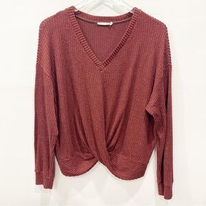 Lush Ribber V-Neck Twost Front Long Sleeve Sweater Top Medium